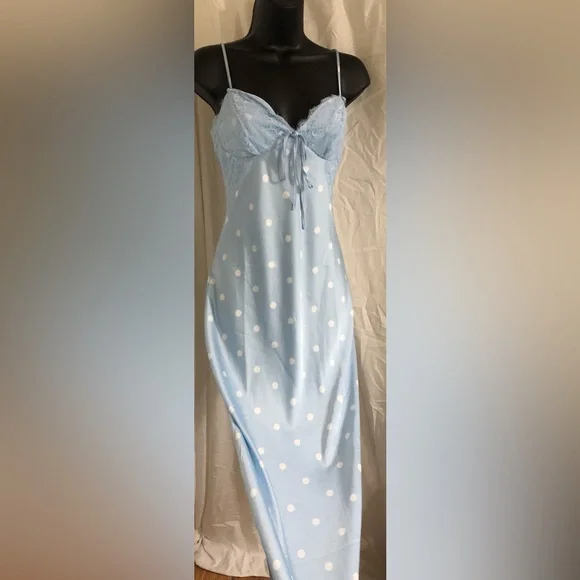 Jessica Simpson blue white polka dot lace cups satin effect maxi dress size M - Picture 8 of 17